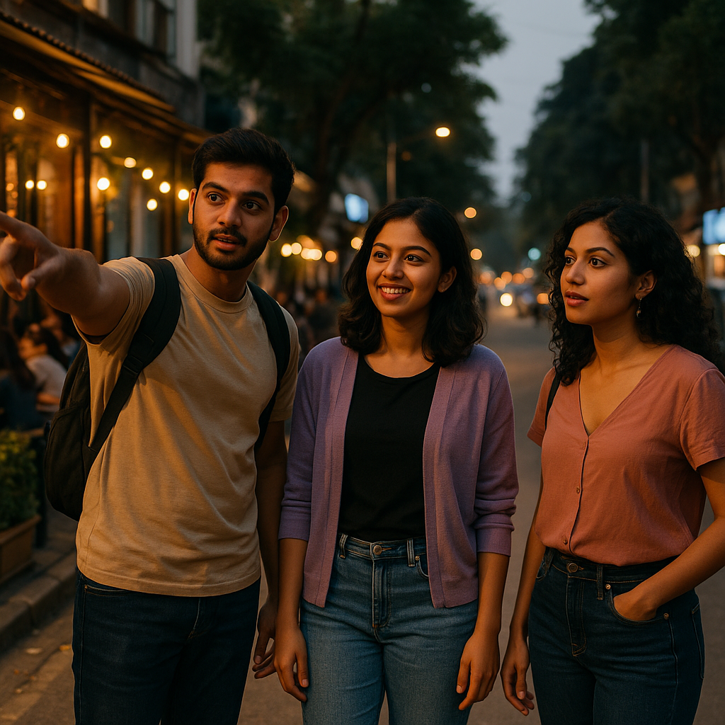 Friends making spontaneous evening plans in Bangalore on a walkable café street
