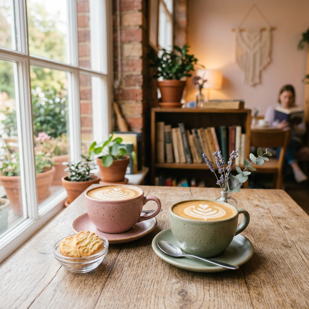 Two cups of coffee in a welcoming café