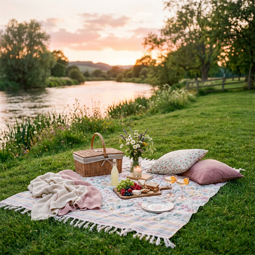 A picnic ready beside a river at sunset